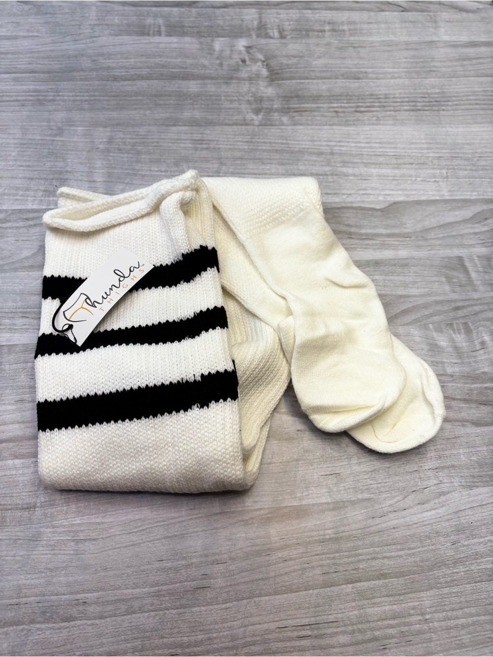 Thunder Thigh White& Black Striped Knit Over the knee Thigh High Crew Socks